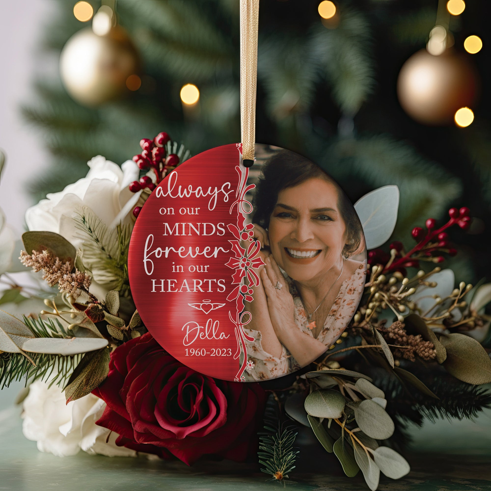 Personalized Photo Always On Our Minds Forever In Our Hearts Memorial Gift, Sympathy or Bereavement of Mom, Dad, Family Christmas Ornament