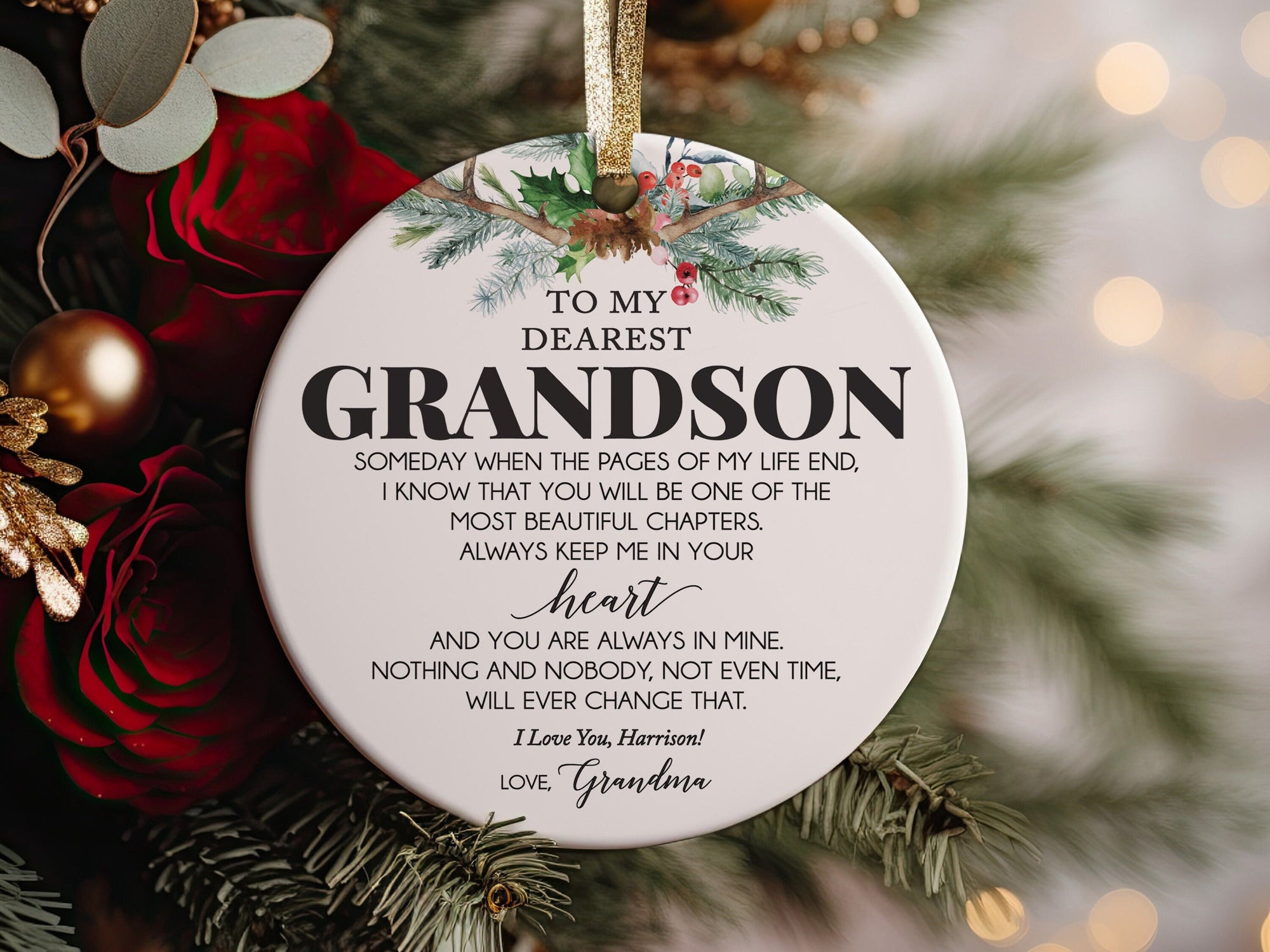 Gift Idea for Grandson from Grandmother, Grandma or Stepgrandmother Ceramic Christmas Ornament, To My Grandson, Best Grandson Ever