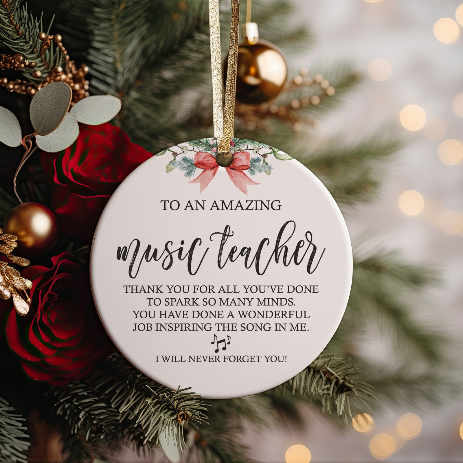 World&#39;s Best Best Music Teacher Ever Christmas Ornament, Thank You Gift for Educator or Instructor Present Idea + Free Gift Box and Ribbon