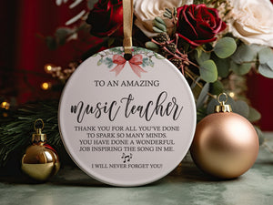 World&#39;s Best Best Music Teacher Ever Christmas Ornament, Thank You Gift for Educator or Instructor Present Idea + Free Gift Box and Ribbon