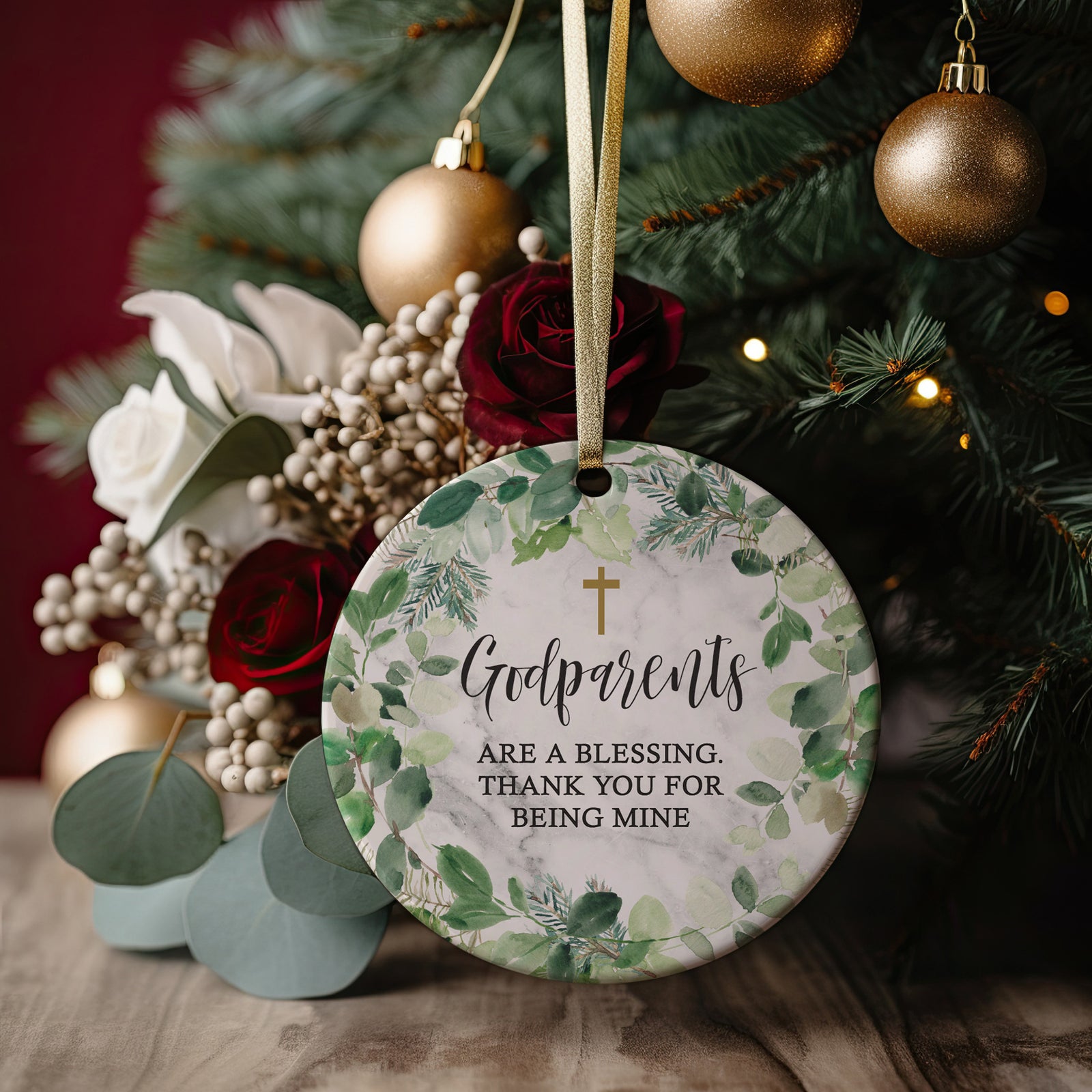 Godparents Are A Blessing Thank You For Being Mine, Marble Look Christmas Wreath Gift Idea, godparent appreciation, legacy, Baby&#39;s First