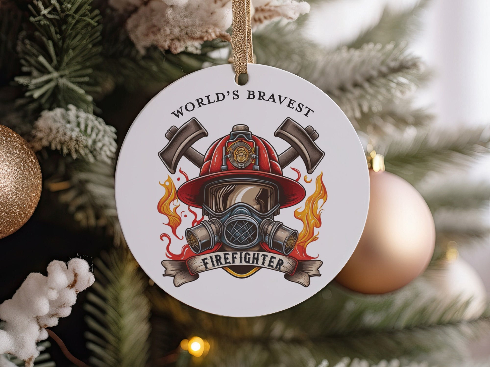 World&#39;s Best and Bravest Firefighter Christmas Ornament, First Responder Fireman Thank You Appreciation Christmas Gift, Fire Station Gifts
