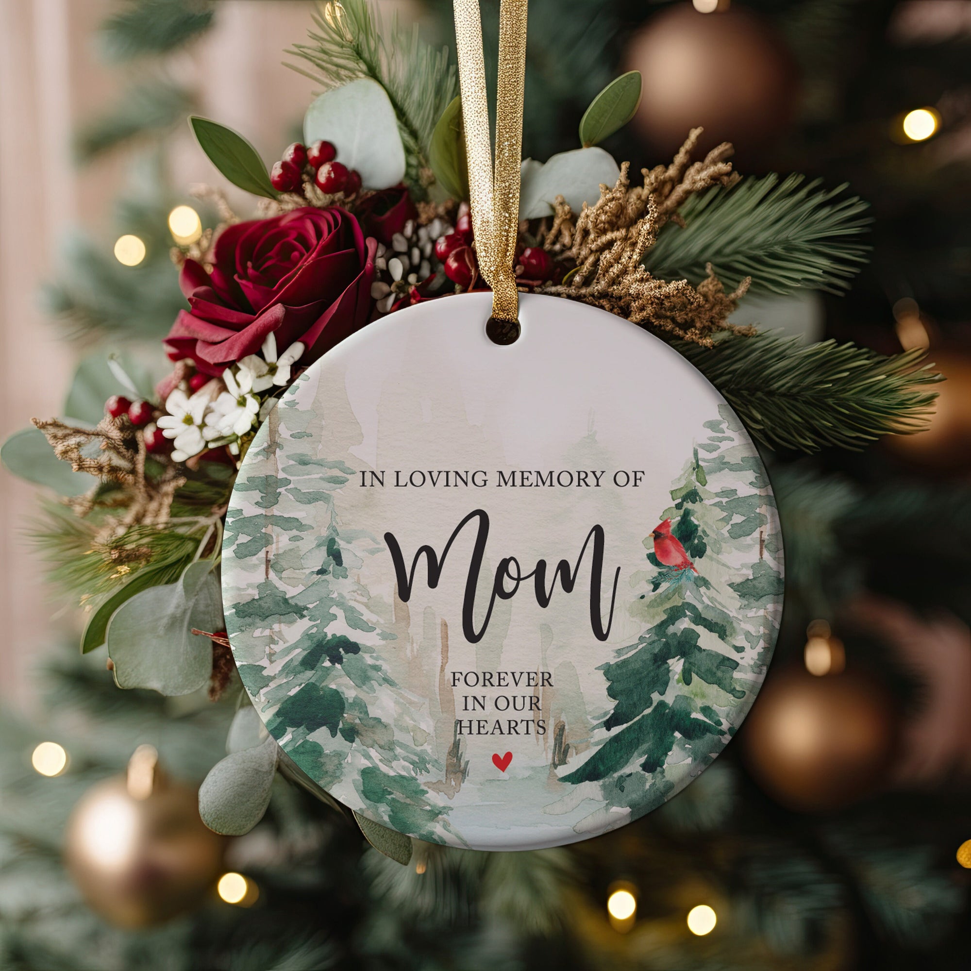 In Loving Memory Of Mom Forever In Our Hearts, Christmas Ornament + Free Gift Box and Ribbon, In Loving Memory of Mother Present Idea, Cardinal