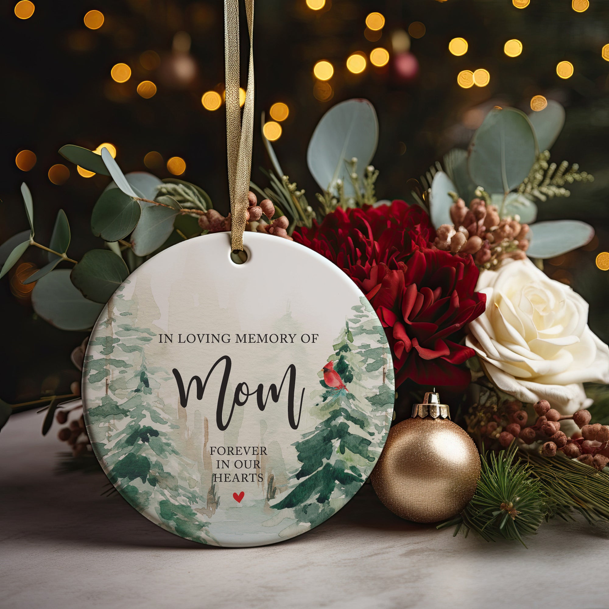 In Loving Memory Of Mom Forever In Our Hearts, Christmas Ornament + Free Gift Box and Ribbon, In Loving Memory of Mother Present Idea, Cardinal