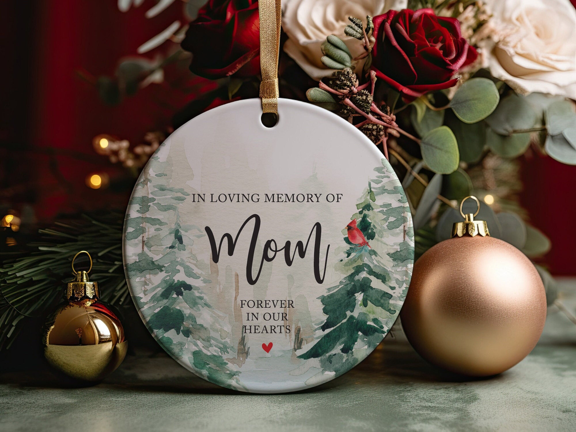In Loving Memory Of Mom Forever In Our Hearts, Christmas Ornament + Free Gift Box and Ribbon, In Loving Memory of Mother Present Idea, Cardinal