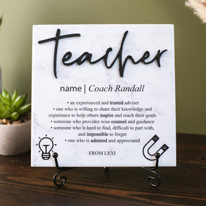 3D Personalized Teacher Appreciation Tile Plaque Gift From College, High School Student or Child to Professor, Elementary Teacher, Mentor