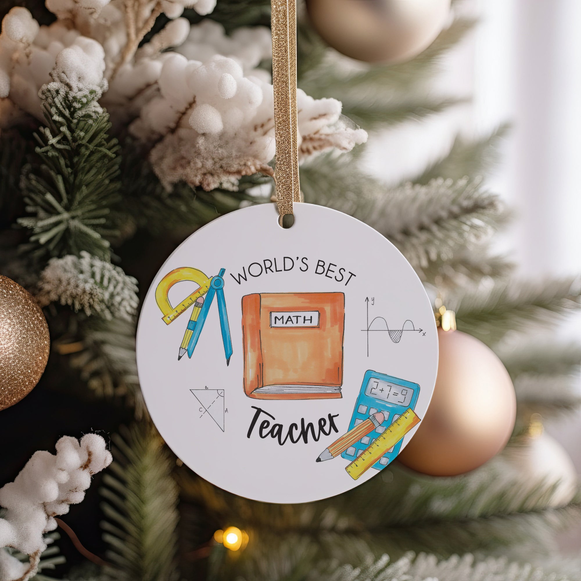 World&#39;s Best Math Teacher Ever Christmas Ornament, Thank You Gift for Geometry Calculus Educator Professor or Instructor Present + Gift Box