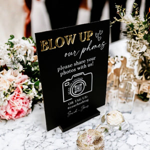 Blow Up Their Phones Wedding Table Sign Text or Video Bride and Groom Memories Acrylic Black and Gold Wedding I Spy Games, Photo Guestbook