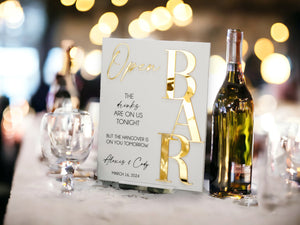 3D Mirror Gold Foil Open Bar Menu Signature Cocktails Custom Minimalist Acrylic Wedding Sign, Drinks on Us Hangover On You Signage