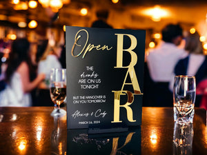 3D Mirror Gold Foil Open Bar Menu Signature Cocktails Custom Minimalist Acrylic Wedding Sign, Drinks on Us Hangover On You Signage