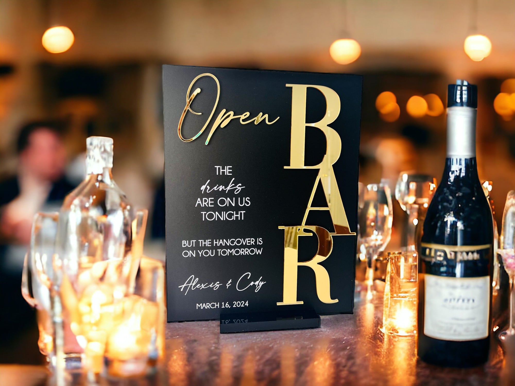 3D Mirror Gold Foil Open Bar Menu Signature Cocktails Custom Minimalist Acrylic Wedding Sign, Drinks on Us Hangover On You Signage