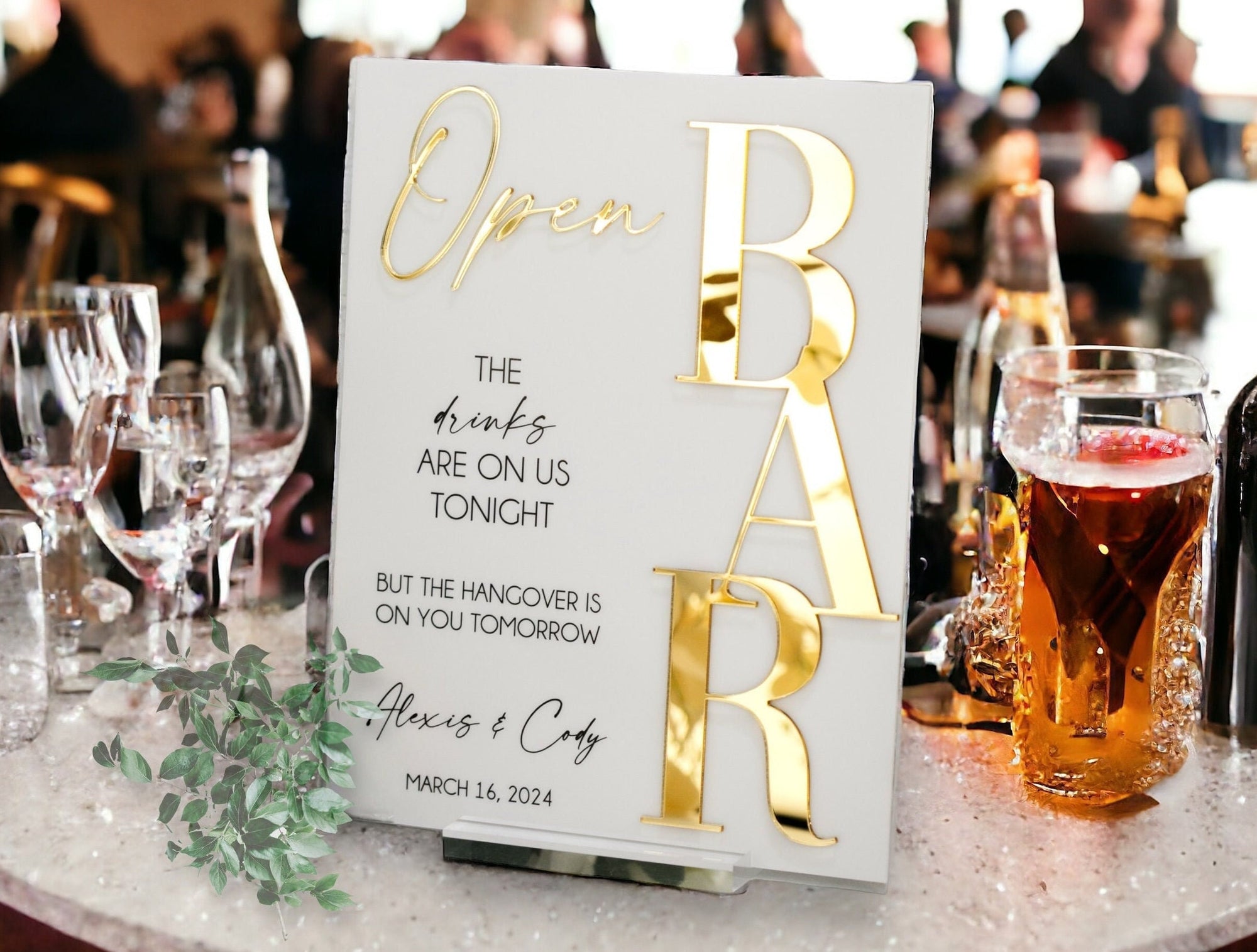 3D Mirror Gold Foil Open Bar Menu Signature Cocktails Custom Minimalist Acrylic Wedding Sign, Drinks on Us Hangover On You Signage