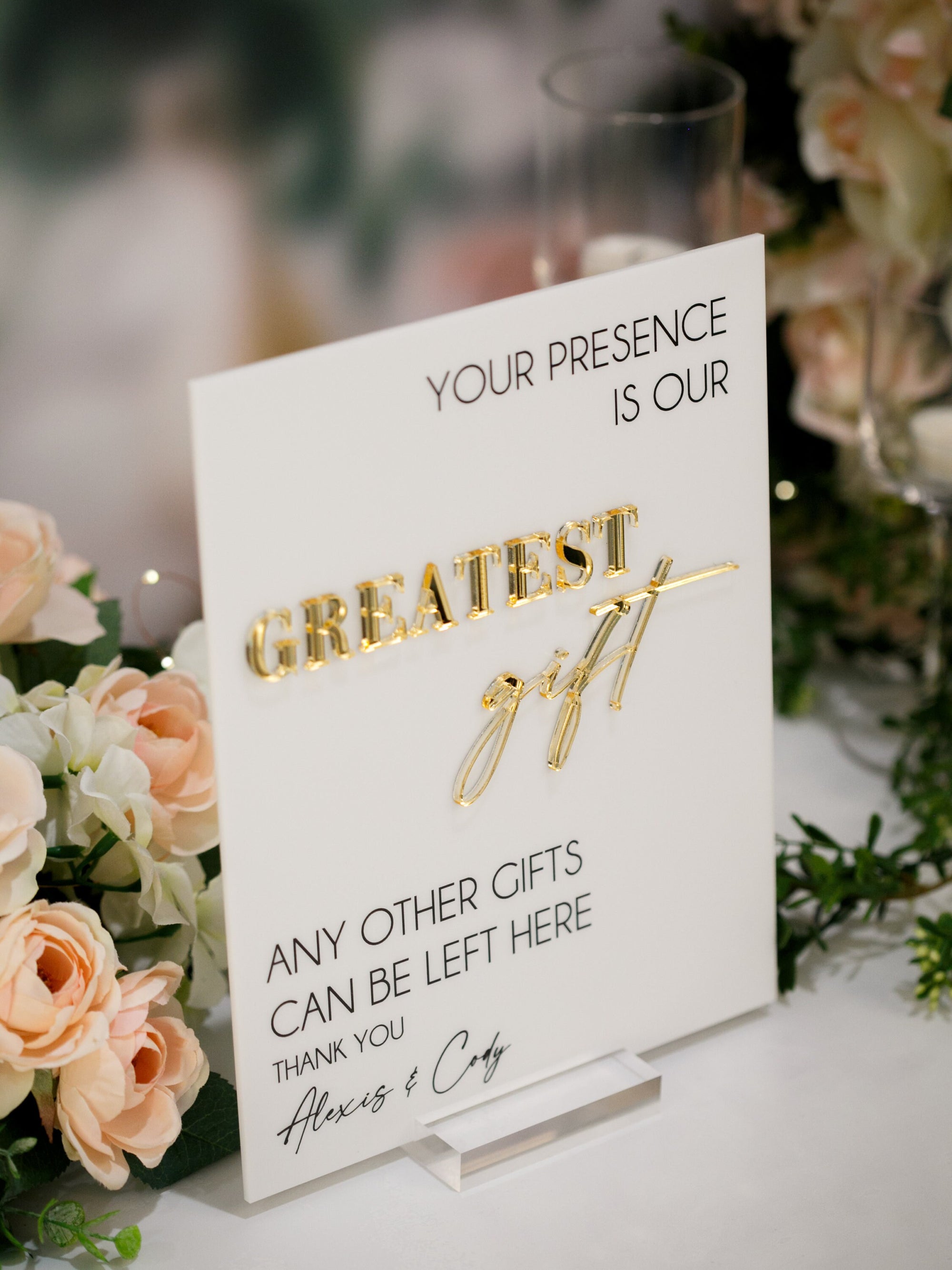 3D Mirror Your Presence Is Our Greatest Gift, Any Other Gifts Can Be Left Here Acrylic Wedding Sign, Cards Perspex Table Gift Table Signage