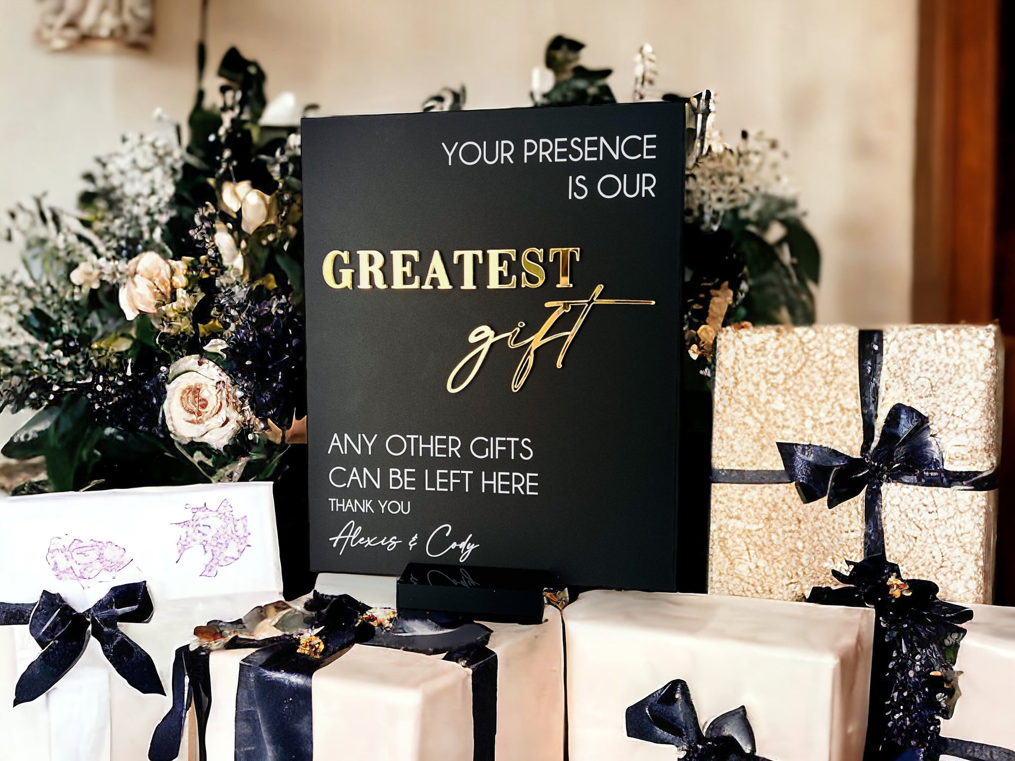 3D Mirror Your Presence Is Our Greatest Gift, Any Other Gifts Can Be Left Here Acrylic Wedding Sign, Cards Perspex Table Gift Table Signage