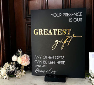 3D Mirror Your Presence Is Our Greatest Gift, Any Other Gifts Can Be Left Here Acrylic Wedding Sign, Cards Perspex Table Gift Table Signage