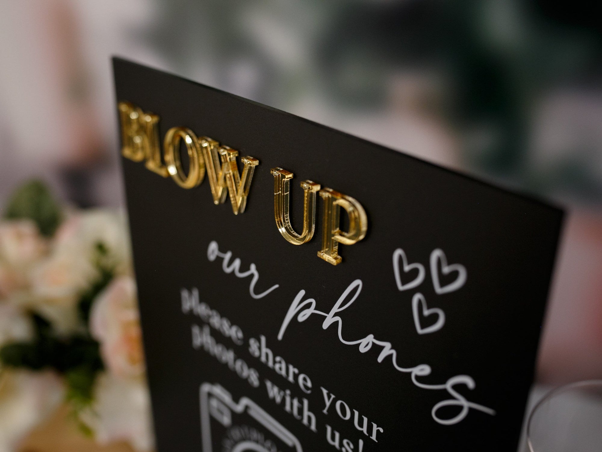 Blow Up Their Phones Wedding Table Sign Text or Video Bride and Groom Memories Acrylic Black and Gold Wedding I Spy Games, Photo Guestbook