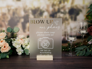 Blow Up Their Phones Wedding Table Sign Text or Video Bride and Groom Memories Acrylic Black and Gold Wedding I Spy Games, Photo Guestbook