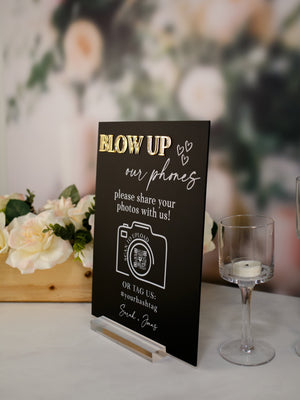 Blow Up Their Phones Wedding Table Sign Text or Video Bride and Groom Memories Acrylic Black and Gold Wedding I Spy Games, Photo Guestbook