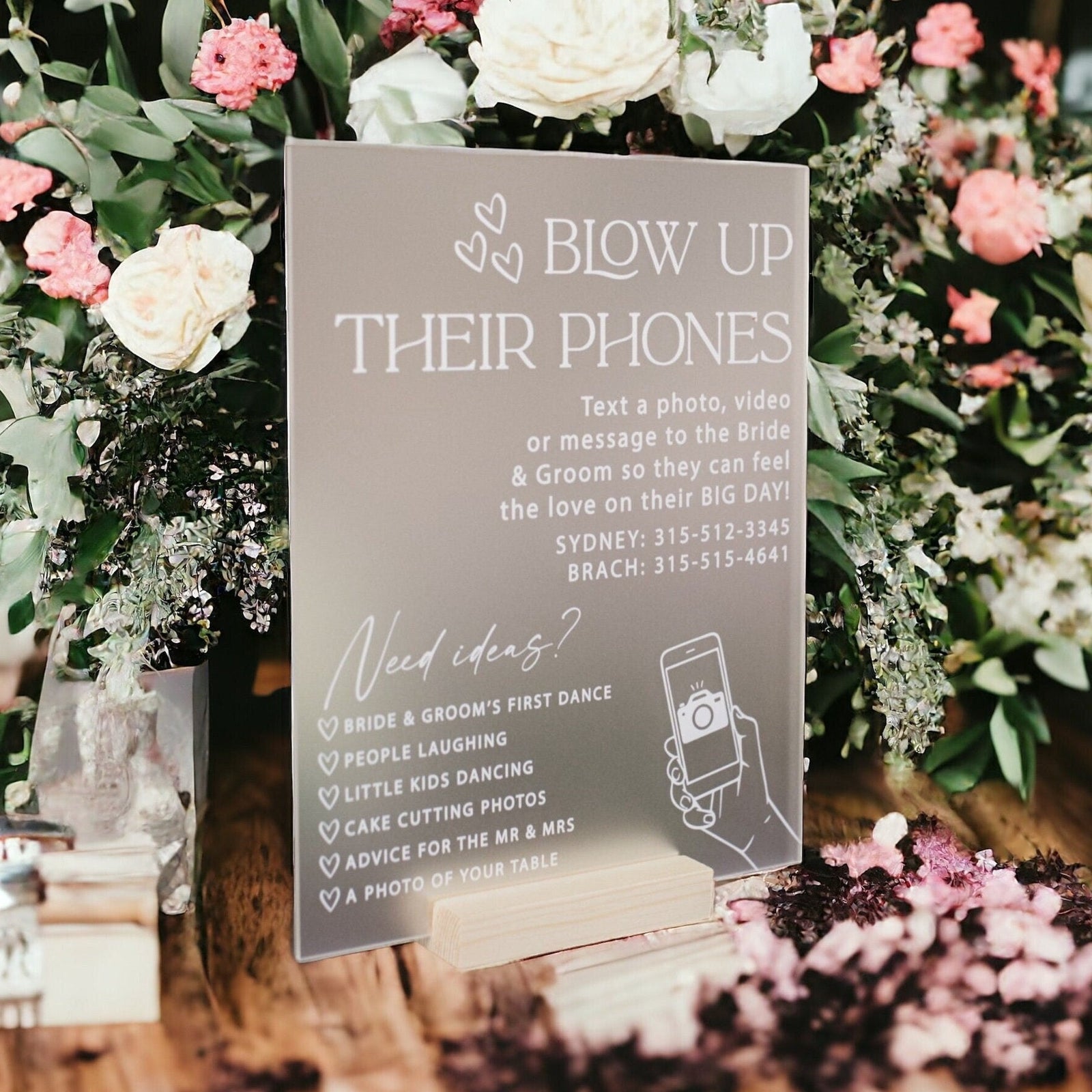 Blow Up Their Phones Wedding Table Sign Text or Video Bride and Groom Memories Acrylic Black and Gold Wedding I Spy Games, Photo Guestbook