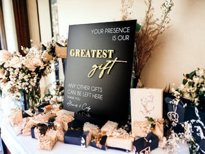 3D Mirror Your Presence Is Our Greatest Gift, Any Other Gifts Can Be Left Here Acrylic Wedding Sign, Cards Perspex Table Gift Table Signage