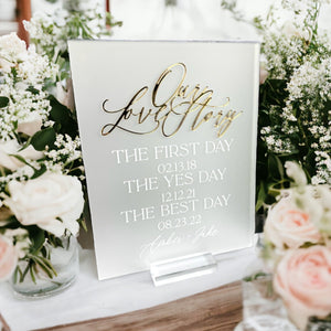 3D Gold Mirror Our Love Story First Day Yes Day Best Day Acrylic Wedding Sign, Sweetheart Table Lucite Table Sign, Special Dates Anniversary