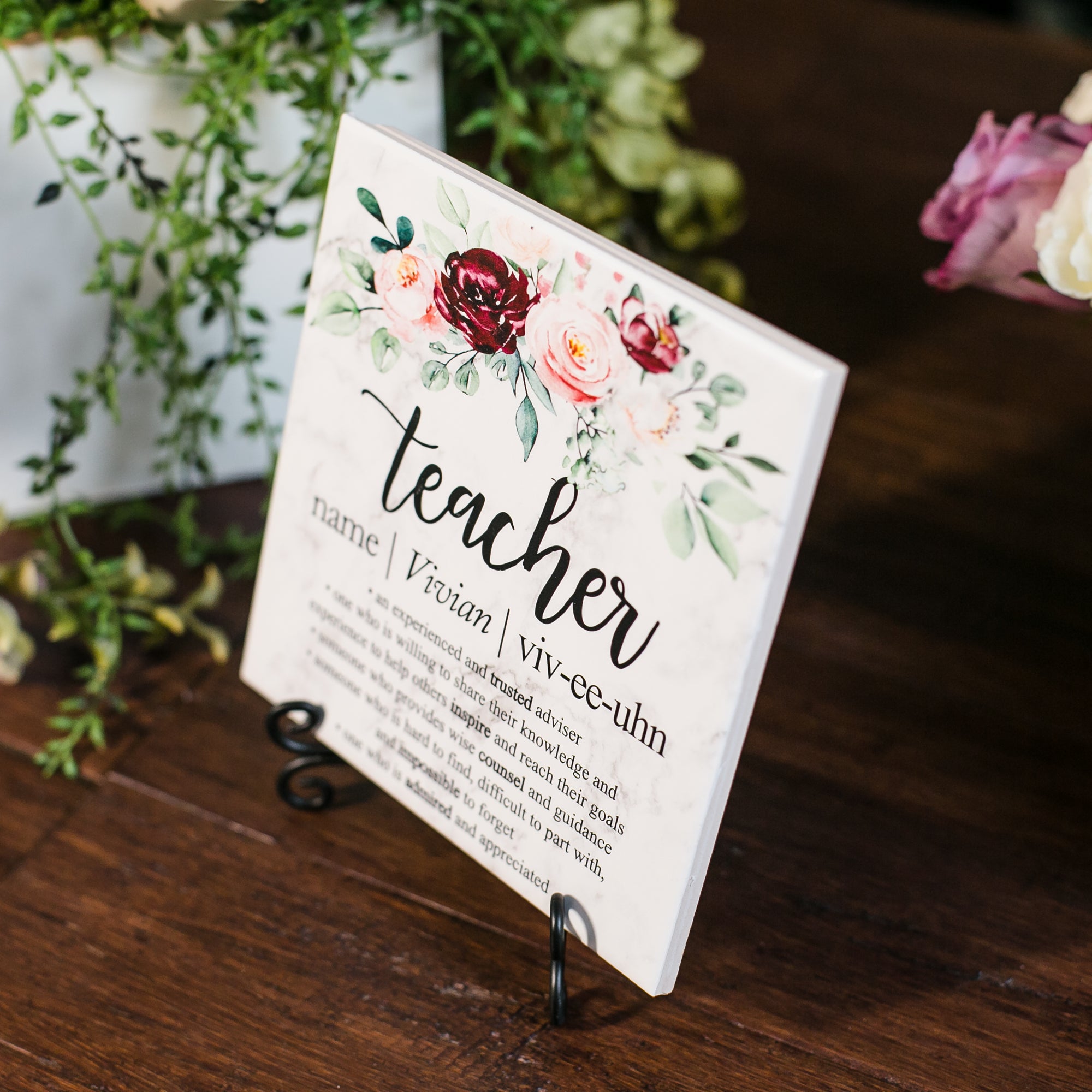 Teacher Definition Custom Floral Quote Art Tile Plaque